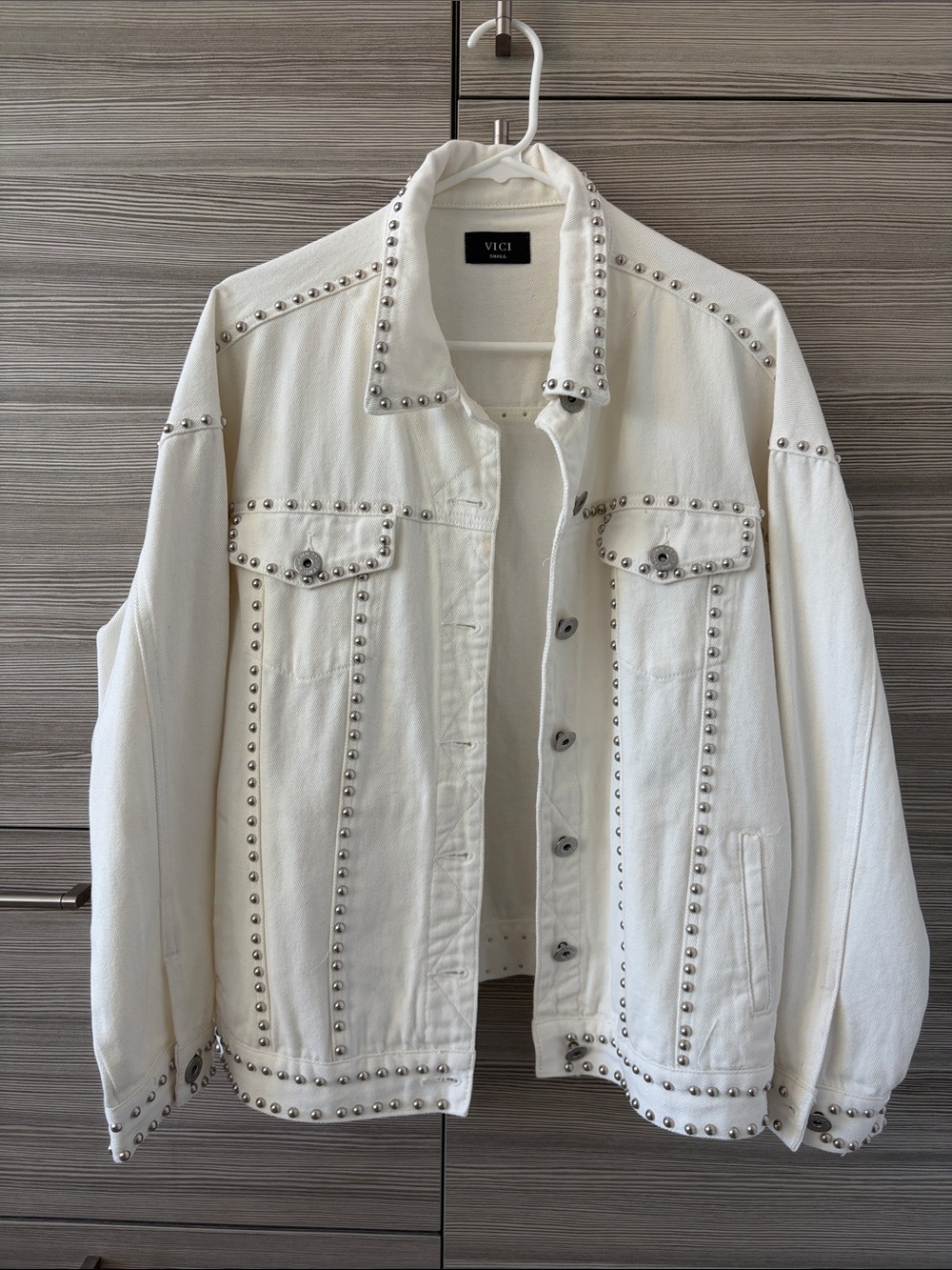 VICI White Studded Denim Jacket with Silver-Tone Accents